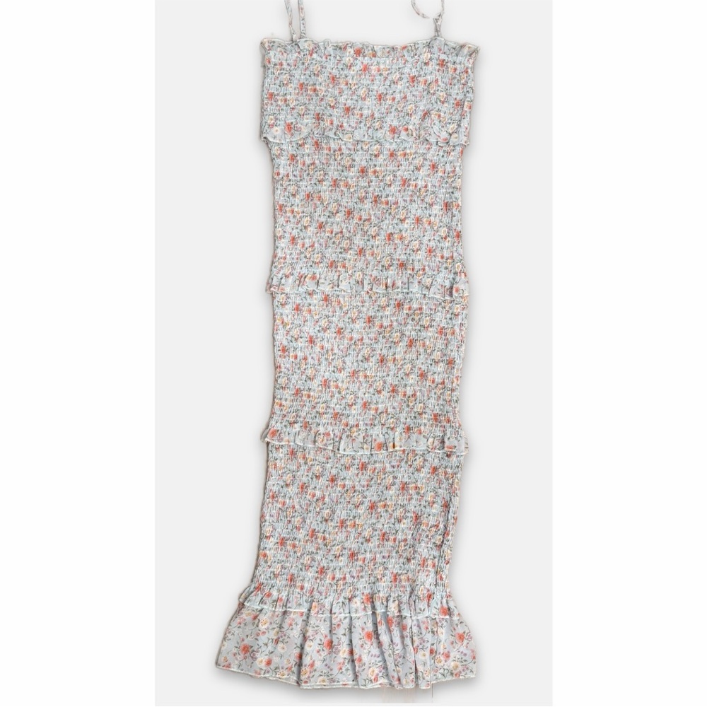 Mable‎ Floral Ruffle Midi Dress Women's Large Stretch Tiered Boho Cottagecore